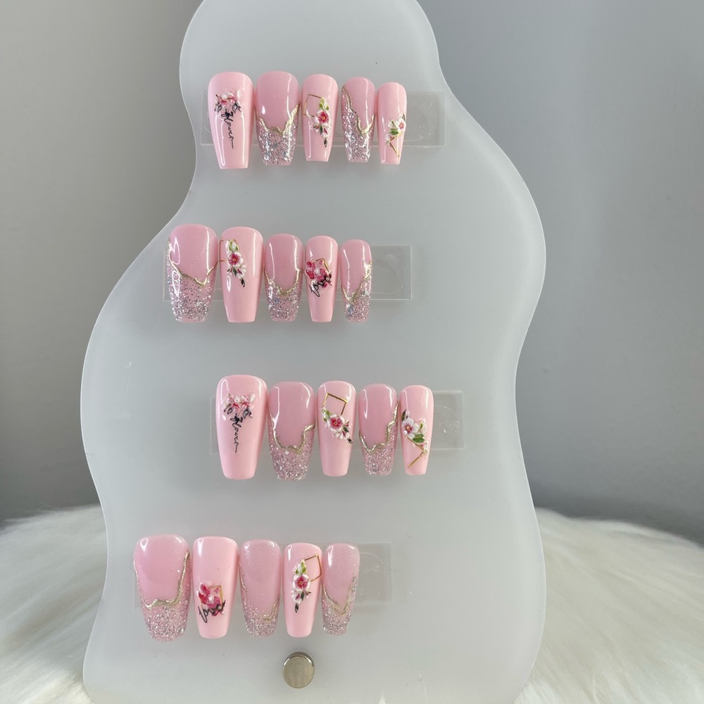 Handmade press on nails ~ Medium Coffin Pink Nails